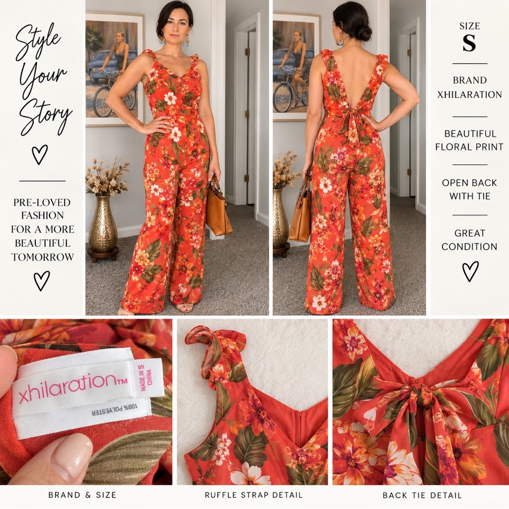 Xhilaration Coral Floral Ruffle-Strap Wide-Leg Jumpsuit